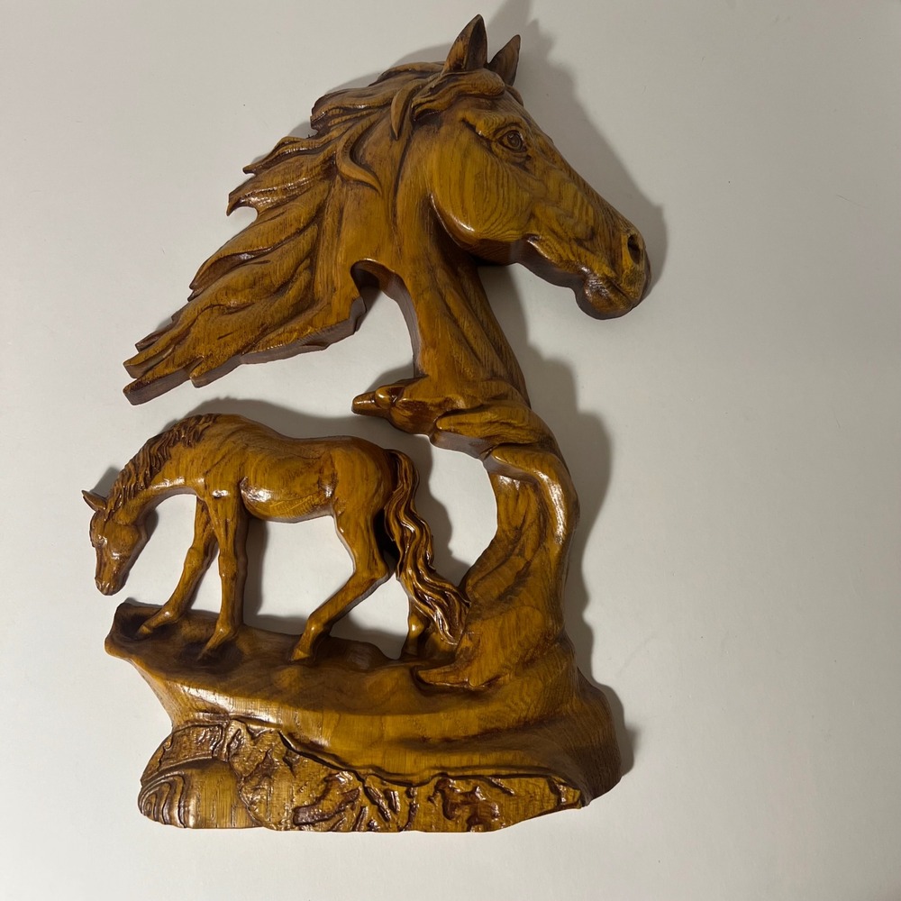 Handmade Wooden Horse & Foal Relief Carving Equestrian Wall Art 17.5 x 11"